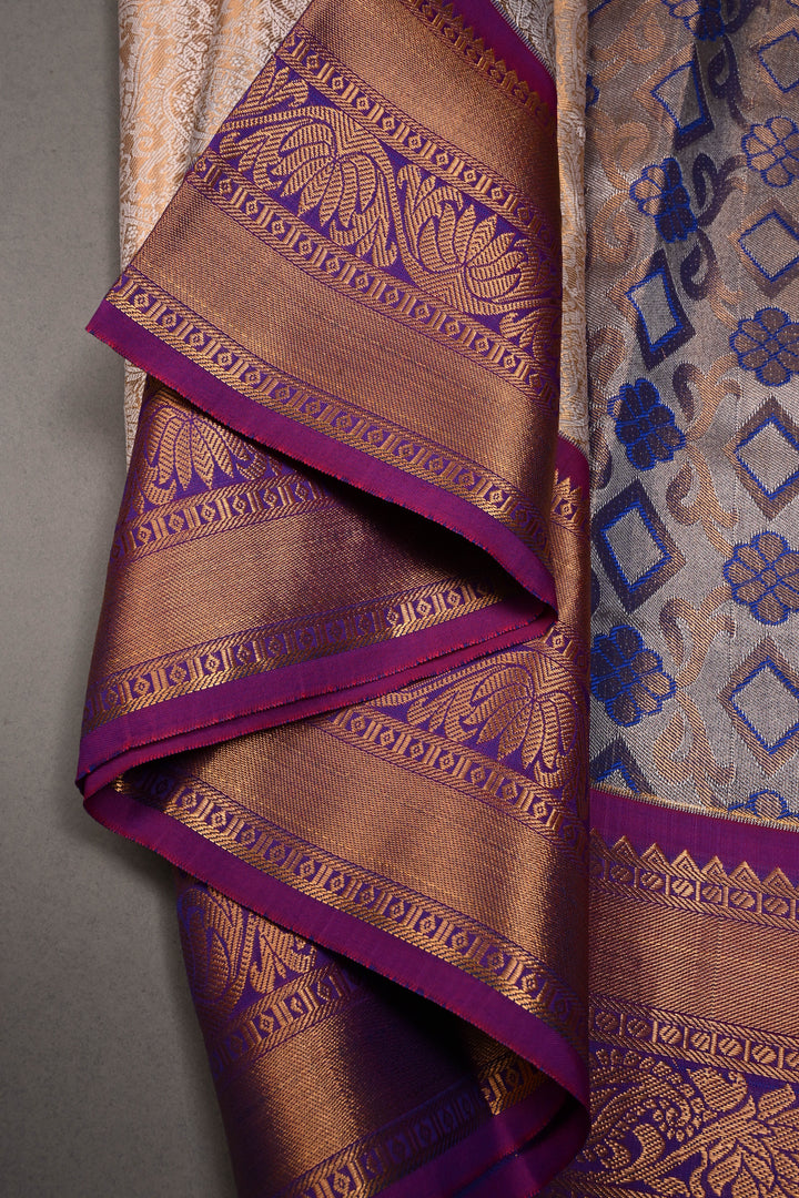 Gold-Ivory Tissue Kanjivaram Soft Semi Silk Saree with Floral Brocade Jaal and Contrast Zari Border | SHOBITAM