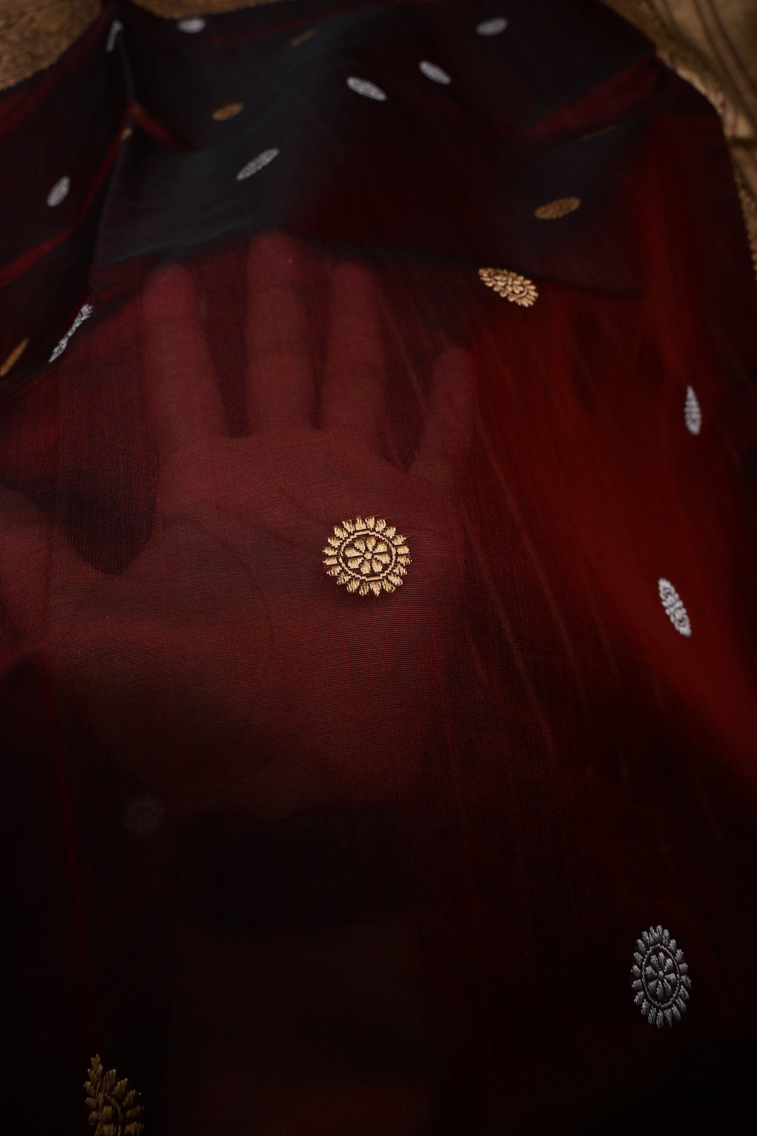 Burgundy Pure Banarasi Kora Silk Saree with Sona Rupa Chakram Zari Buttas and Zari Border | SILK MARK CERTIFIED | SHOBITAM