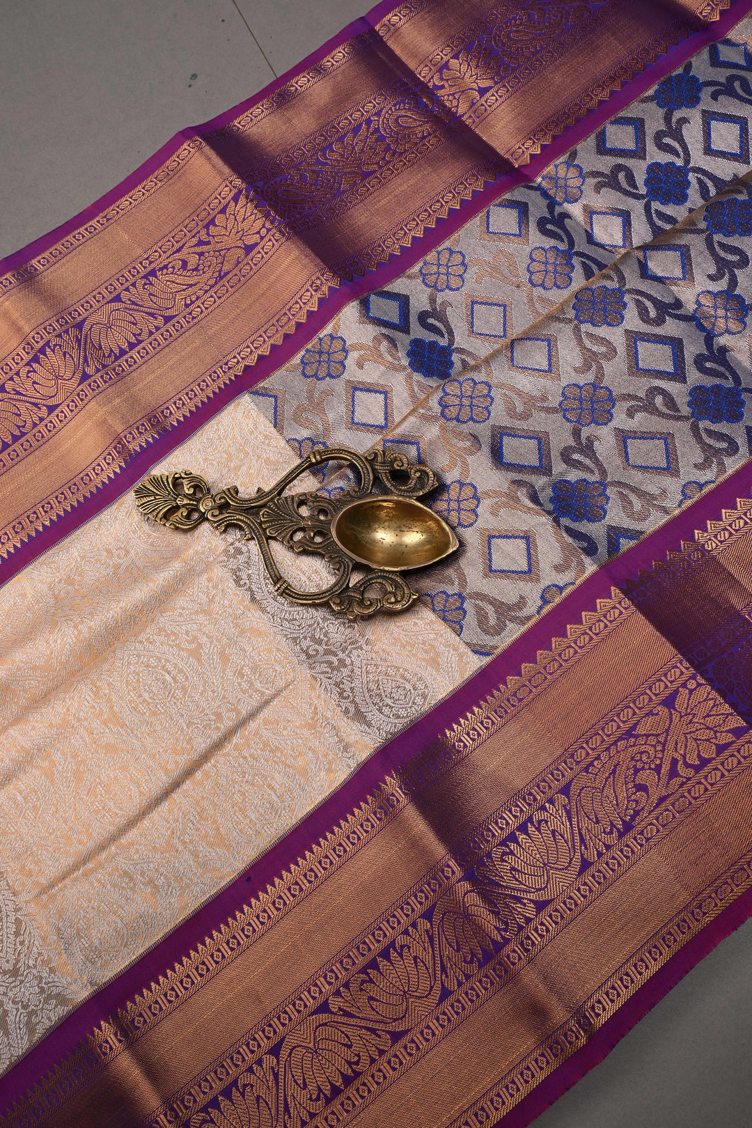 Gold-Ivory Tissue Kanjivaram Soft Semi Silk Saree with Floral Brocade Jaal and Contrast Zari Border | SHOBITAM
