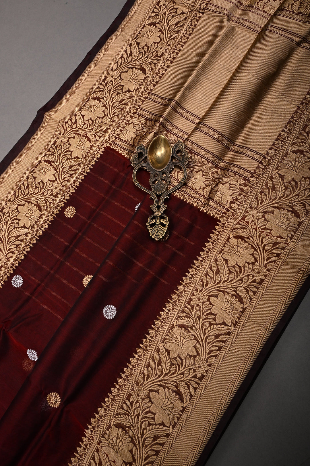 Burgundy Pure Banarasi Kora Silk Saree with Sona Rupa Chakram Zari Buttas and Zari Border | SILK MARK CERTIFIED | SHOBITAM