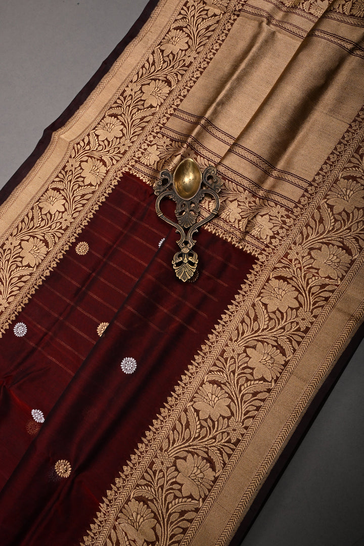 Burgundy Pure Banarasi Kora Silk Saree with Sona Rupa Chakram Zari Buttas and Zari Border | SILK MARK CERTIFIED | SHOBITAM