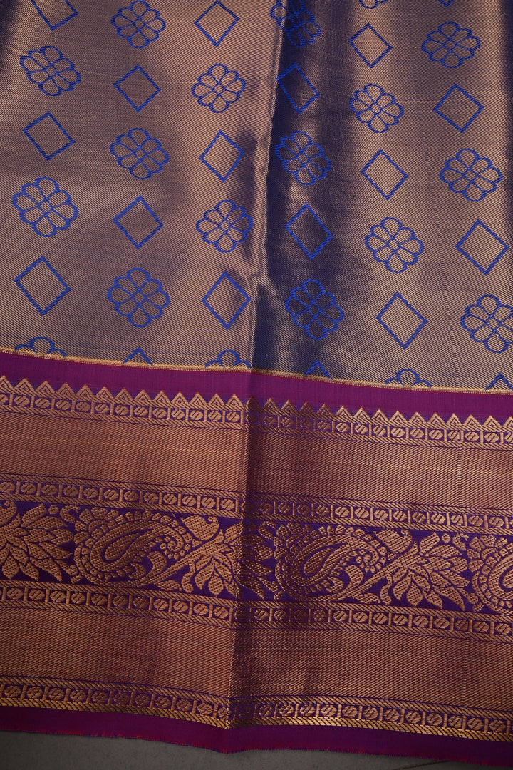 Gold-Ivory Tissue Kanjivaram Soft Semi Silk Saree with Floral Brocade Jaal and Contrast Zari Border | SHOBITAM