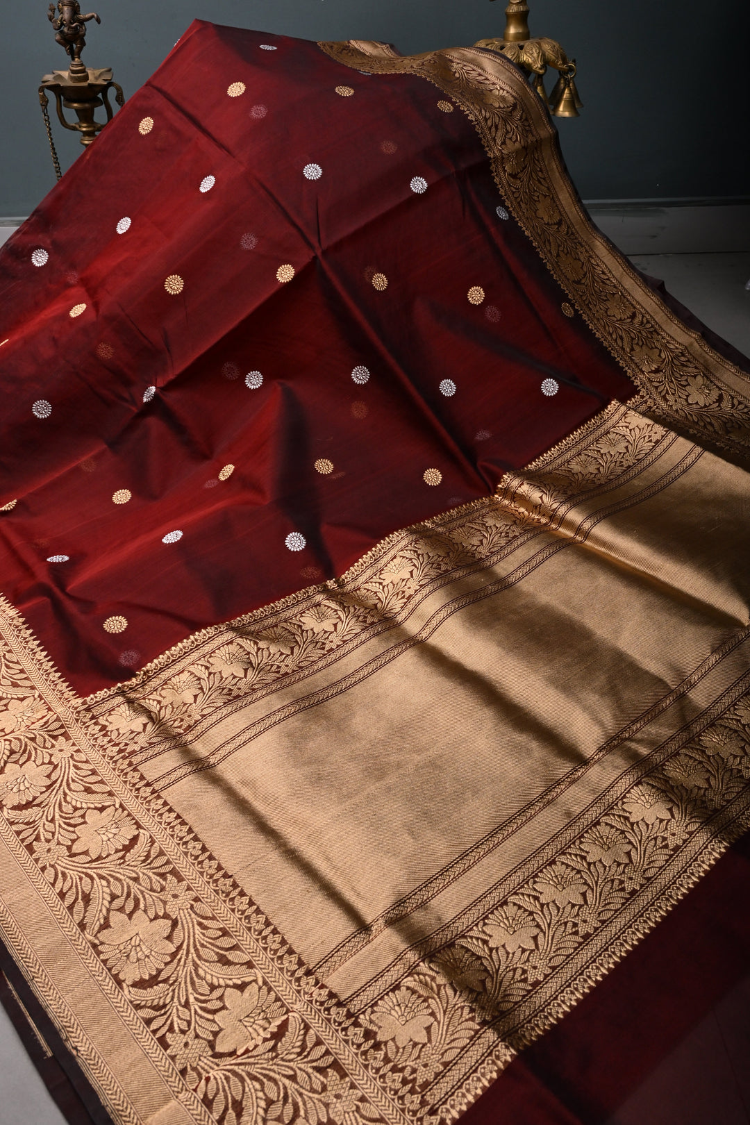 Burgundy Pure Banarasi Kora Silk Saree with Sona Rupa Chakram Zari Buttas and Zari Border | SILK MARK CERTIFIED | SHOBITAM