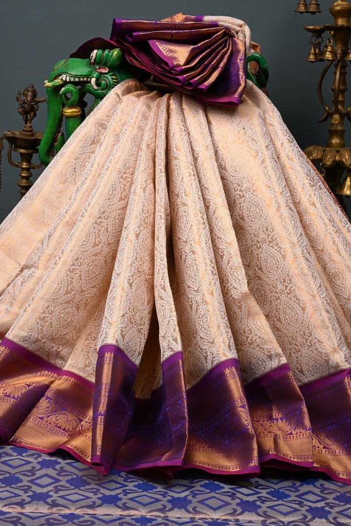 Gold-Ivory Tissue Kanjivaram Soft Semi Silk Saree with Floral Brocade Jaal and Contrast Zari Border | SHOBITAM