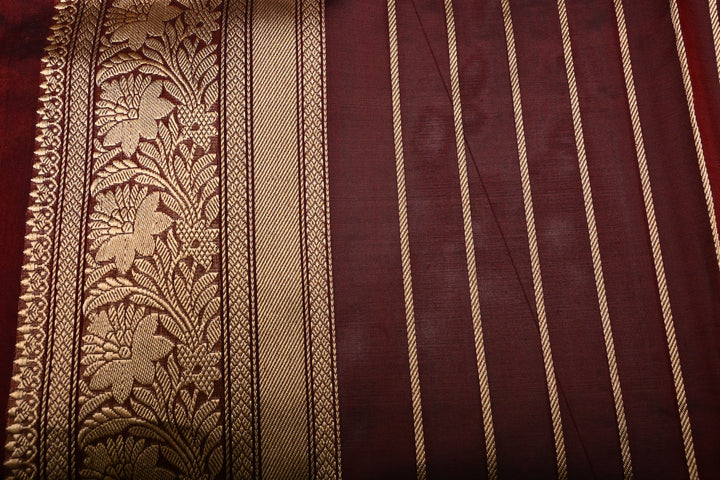 Burgundy Pure Banarasi Kora Silk Saree with Sona Rupa Chakram Zari Buttas and Zari Border | SILK MARK CERTIFIED | SHOBITAM