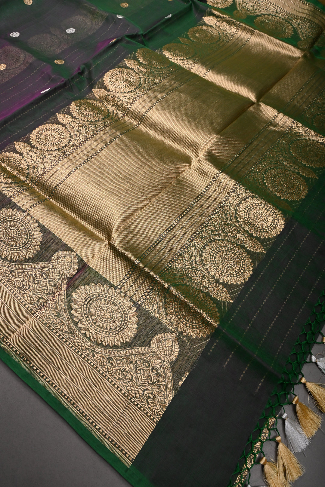 Green Dual tone Pure Banarasi Kora Silk Saree with Sona Rupa Chakram Buttas and Scallop Zari Border | SILK MARK CERTIFIED | SHOBITAM