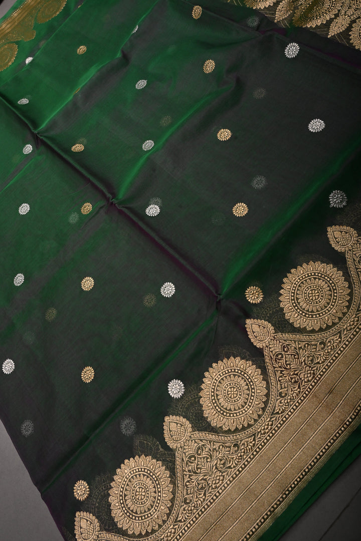 Green Dual tone Pure Banarasi Kora Silk Saree with Sona Rupa Chakram Buttas and Scallop Zari Border | SILK MARK CERTIFIED | SHOBITAM