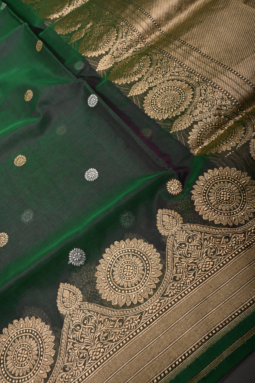 Green Dual tone Pure Banarasi Kora Silk Saree with Sona Rupa Chakram Buttas and Scallop Zari Border | SILK MARK CERTIFIED | SHOBITAM