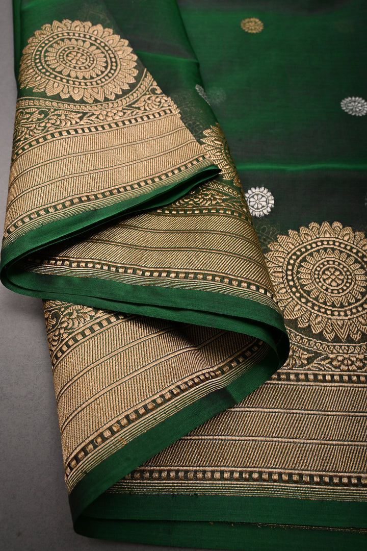 Green Dual tone Pure Banarasi Kora Silk Saree with Sona Rupa Chakram Buttas and Scallop Zari Border | SILK MARK CERTIFIED | SHOBITAM