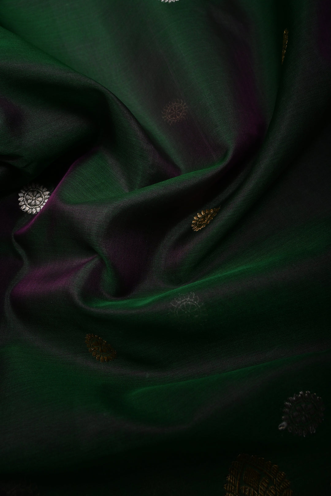 Green Dual tone Pure Banarasi Kora Silk Saree with Sona Rupa Chakram Buttas and Scallop Zari Border | SILK MARK CERTIFIED | SHOBITAM