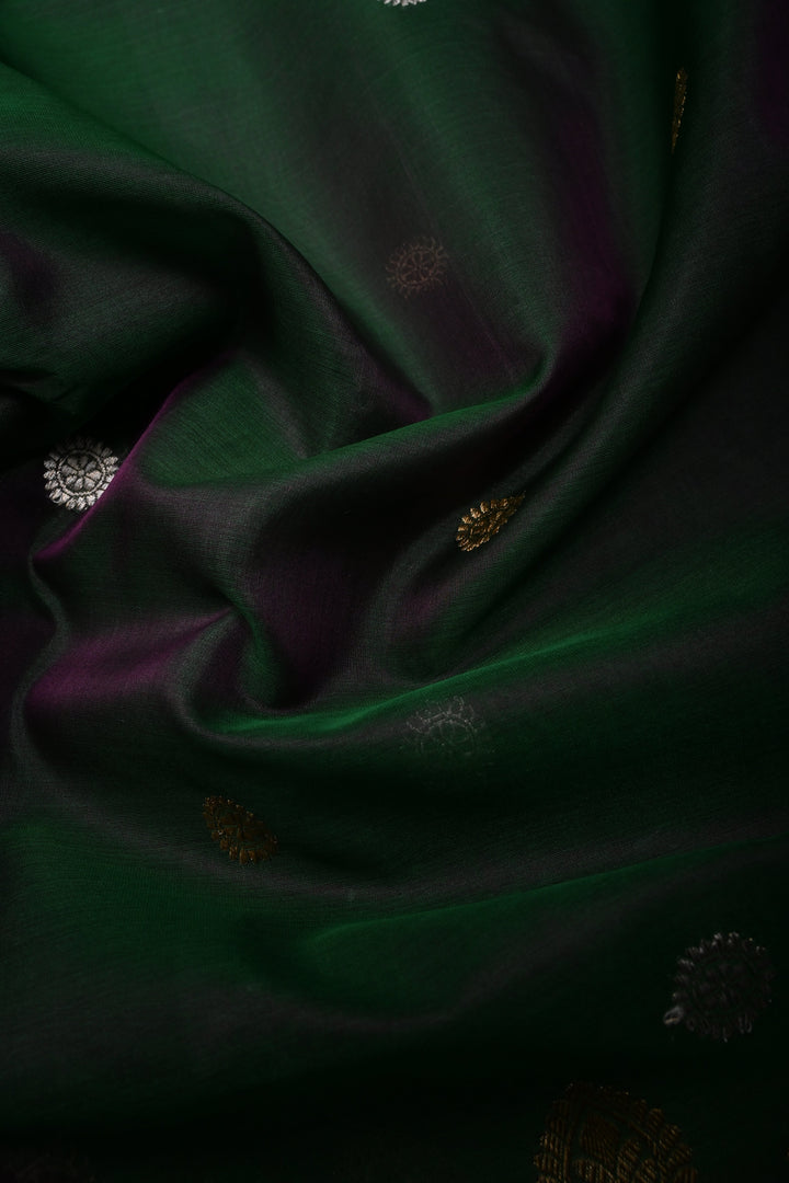 Green Dual tone Pure Banarasi Kora Silk Saree with Sona Rupa Chakram Buttas and Scallop Zari Border | SILK MARK CERTIFIED | SHOBITAM