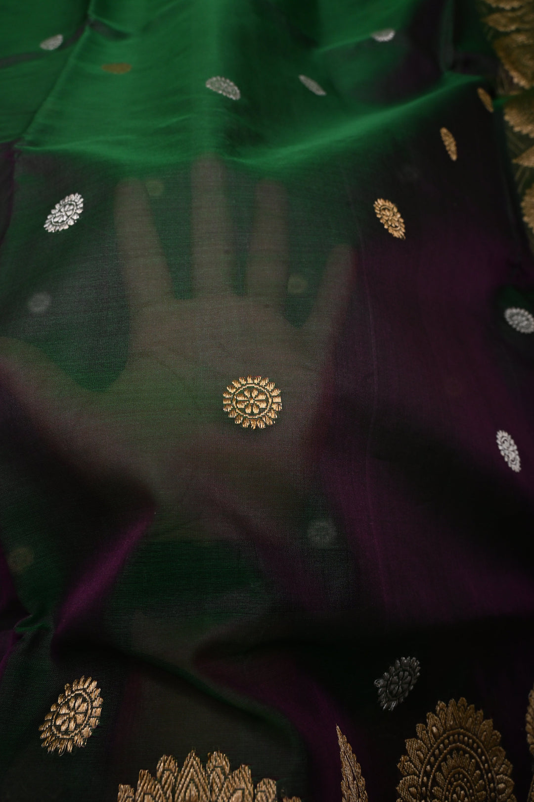 Green Dual tone Pure Banarasi Kora Silk Saree with Sona Rupa Chakram Buttas and Scallop Zari Border | SILK MARK CERTIFIED | SHOBITAM