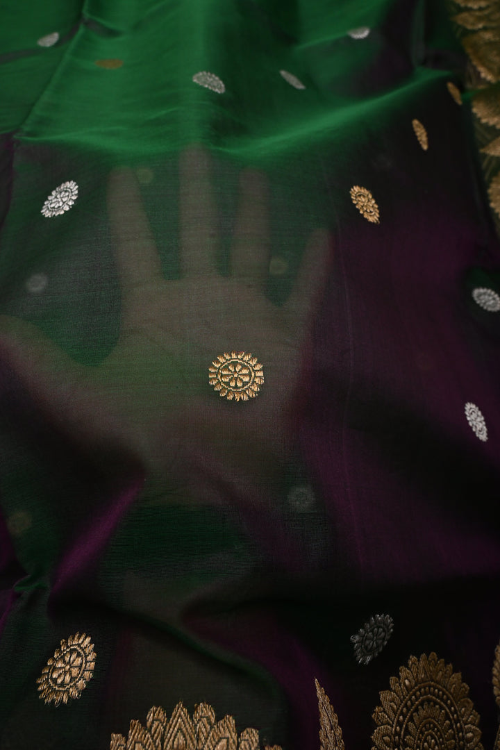Green Dual tone Pure Banarasi Kora Silk Saree with Sona Rupa Chakram Buttas and Scallop Zari Border | SILK MARK CERTIFIED | SHOBITAM
