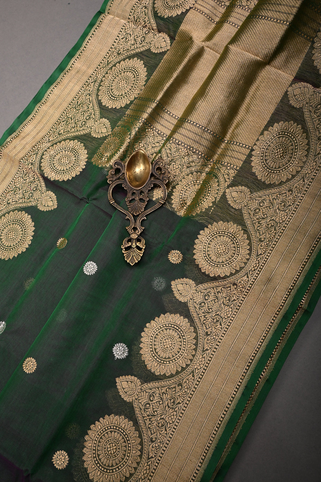 Green Dual tone Pure Banarasi Kora Silk Saree with Sona Rupa Chakram Buttas and Scallop Zari Border | SILK MARK CERTIFIED | SHOBITAM