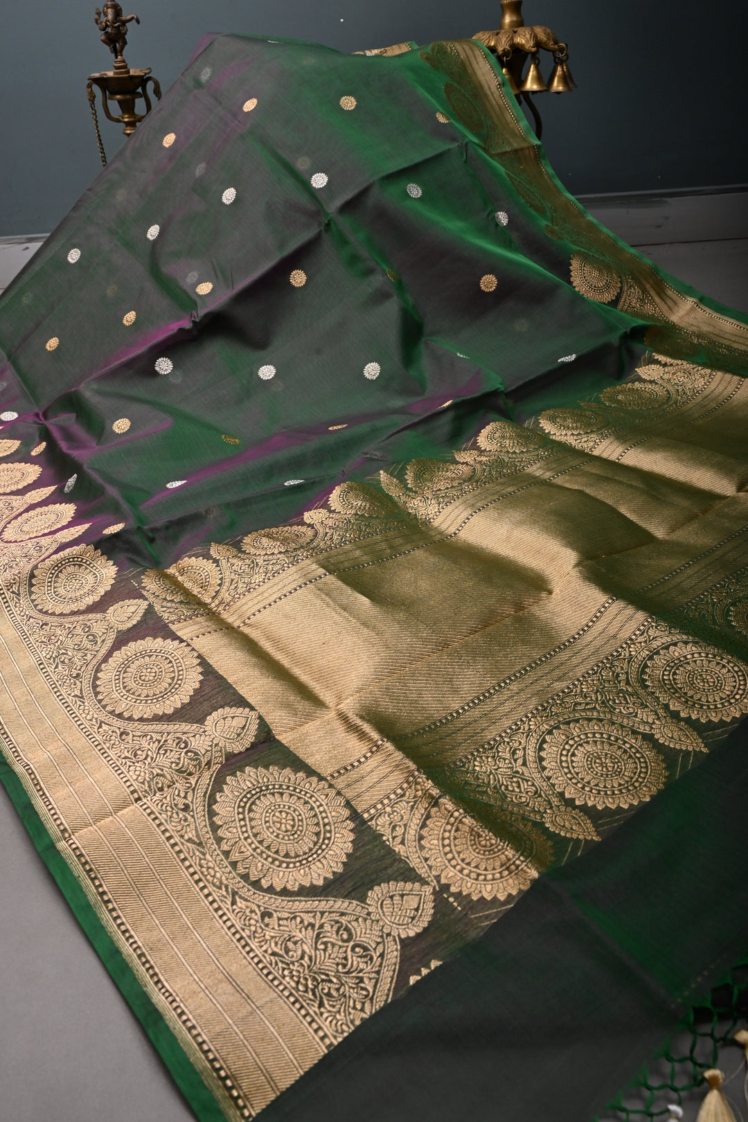 Green Dual tone Pure Banarasi Kora Silk Saree with Sona Rupa Chakram Buttas and Scallop Zari Border | SILK MARK CERTIFIED | SHOBITAM