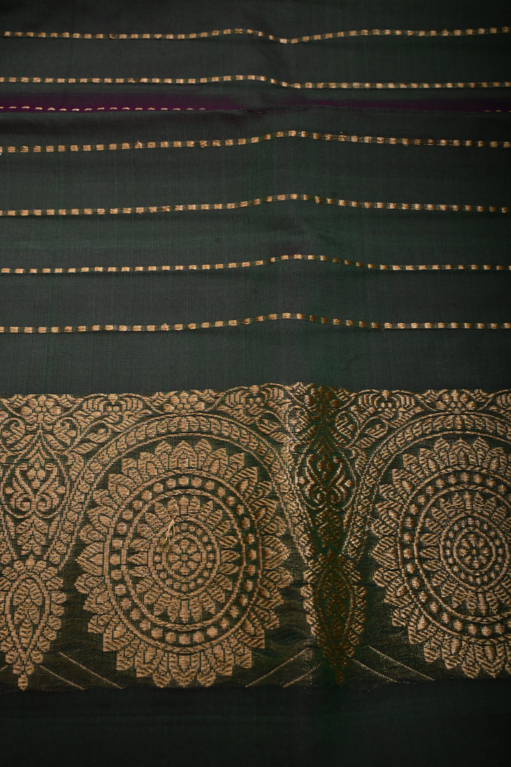Green Dual tone Pure Banarasi Kora Silk Saree with Sona Rupa Chakram Buttas and Scallop Zari Border | SILK MARK CERTIFIED | SHOBITAM