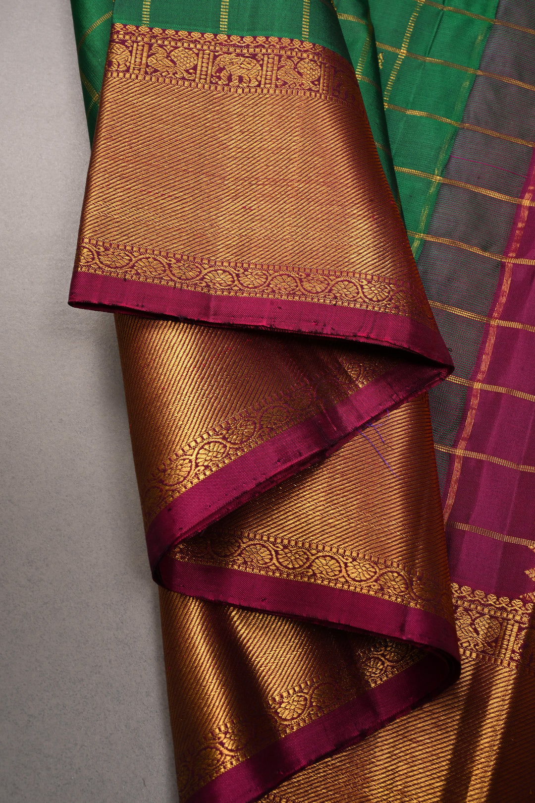 Bottle Green Zari Checks on Pure Kanjivaram Silk Saree with Zari Buttas and Contrast Zari Border | SILK MARK CERTIFIED | SHOBITAM