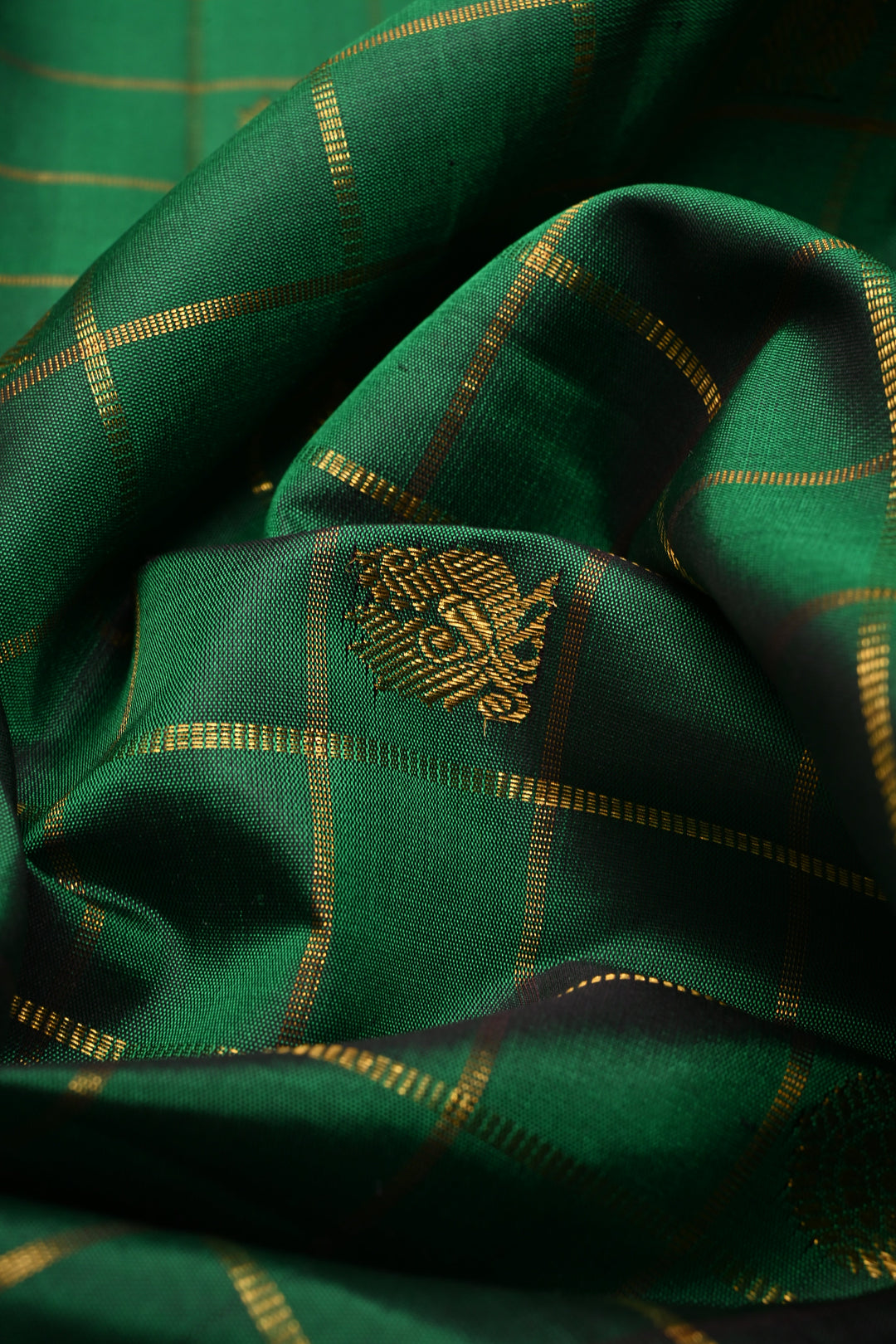 Bottle Green Zari Checks on Pure Kanjivaram Silk Saree with Zari Buttas and Contrast Zari Border | SILK MARK CERTIFIED | SHOBITAM