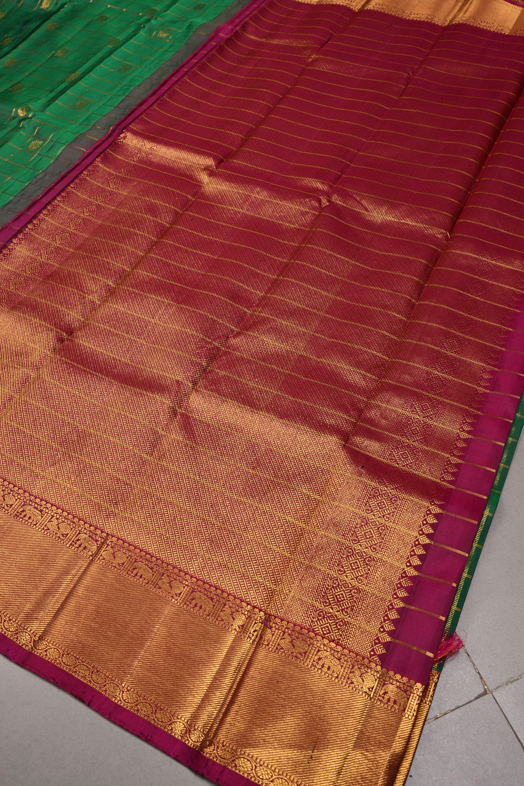 Bottle Green Zari Checks on Pure Kanjivaram Silk Saree with Zari Buttas and Contrast Zari Border | SILK MARK CERTIFIED | SHOBITAM