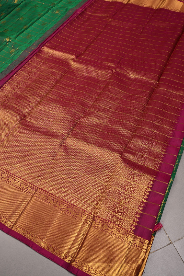 Bottle Green Zari Checks on Pure Kanjivaram Silk Saree with Zari Buttas and Contrast Zari Border | SILK MARK CERTIFIED | SHOBITAM