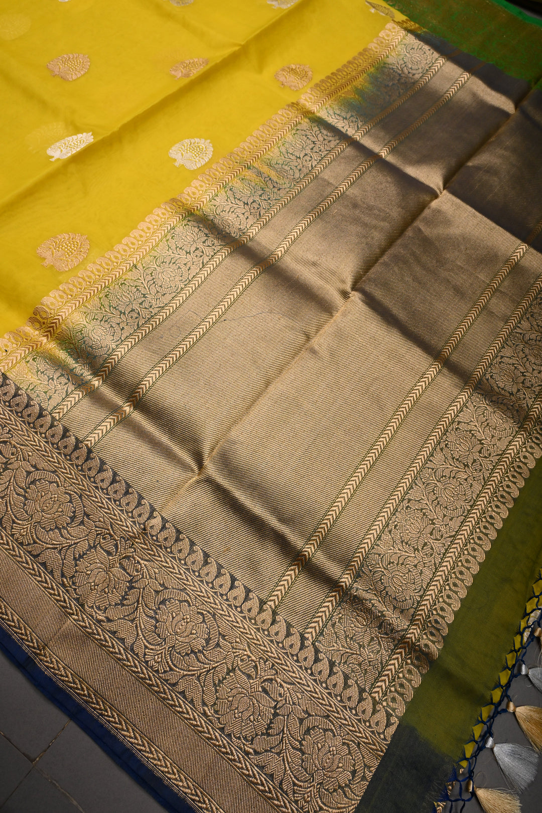Exquisite Yellow Kora Banarasi Silk Saree with Ganga Jamuna Border and Grand Pallu with Zari | Silk Mark Certified | Shobitam Saree