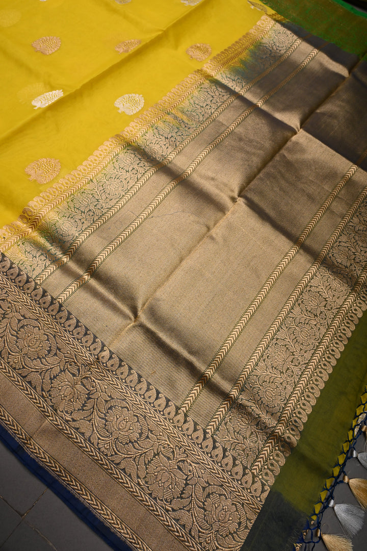 Exquisite Yellow Kora Banarasi Silk Saree with Ganga Jamuna Border and Grand Pallu with Zari | Silk Mark Certified | Shobitam Saree