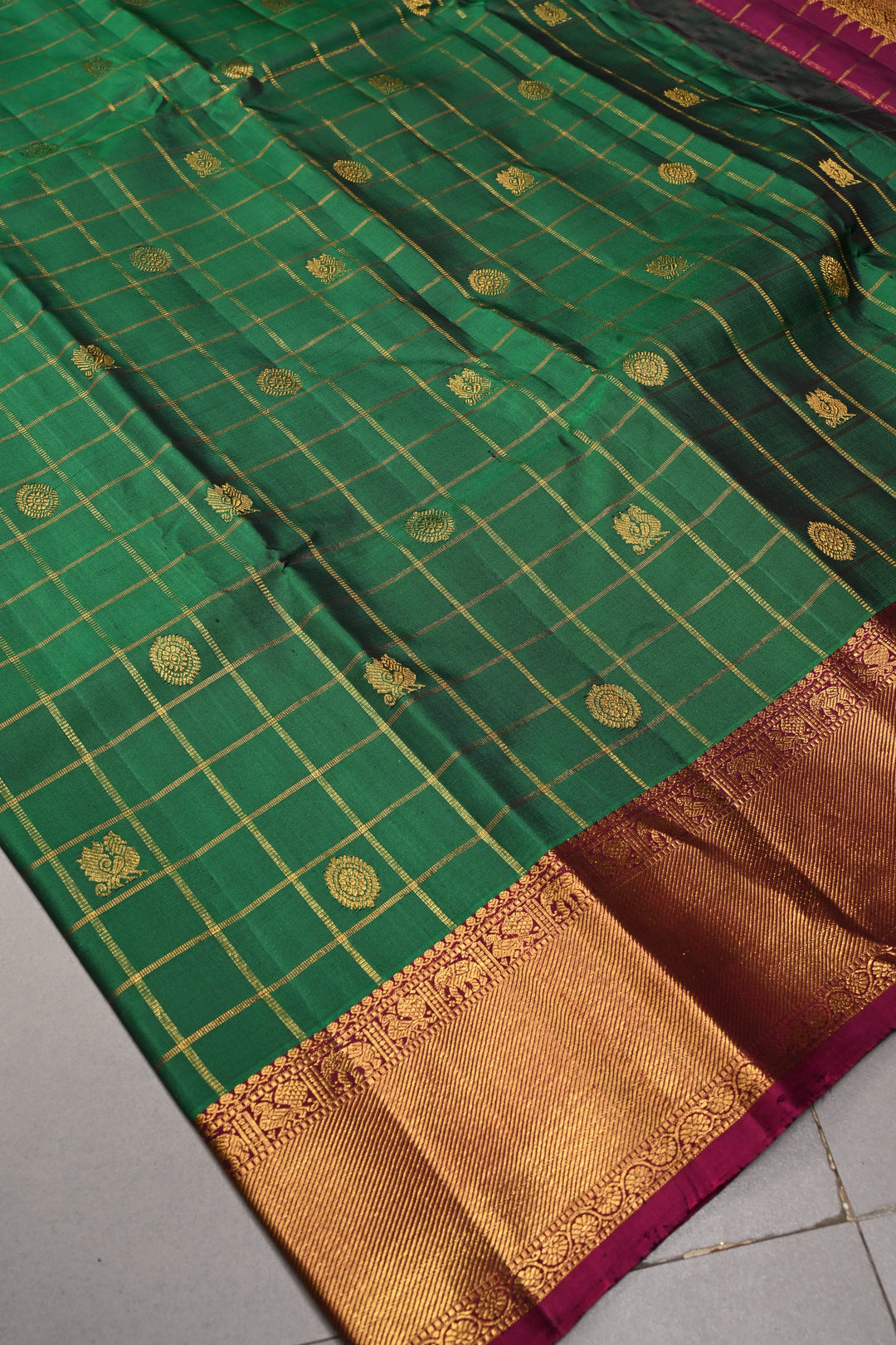 Bottle Green Zari Checks on Pure Kanjivaram Silk Saree with Zari Buttas and Contrast Zari Border | SILK MARK CERTIFIED | SHOBITAM