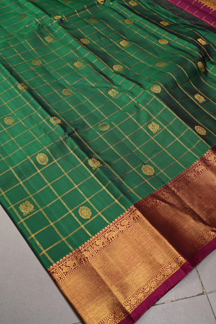 Bottle Green Zari Checks on Pure Kanjivaram Silk Saree with Zari Buttas and Contrast Zari Border | SILK MARK CERTIFIED | SHOBITAM