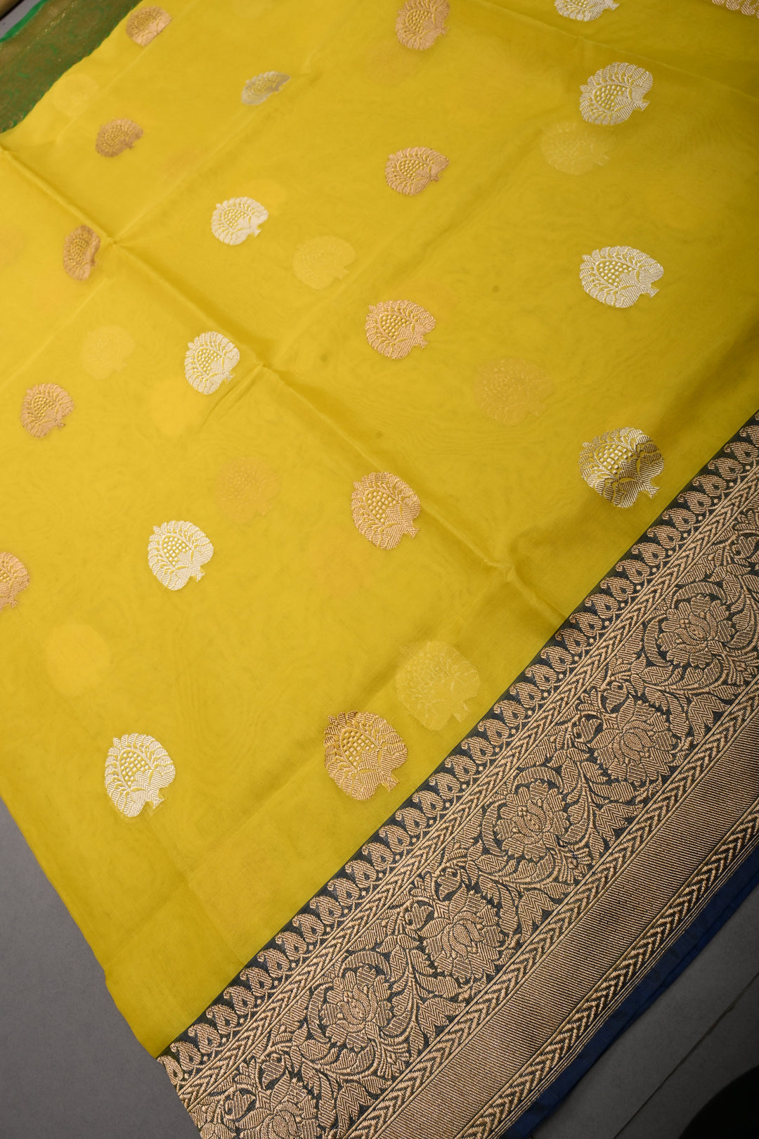 Exquisite Yellow Kora Banarasi Silk Saree with Ganga Jamuna Border and Grand Pallu with Zari | Silk Mark Certified | Shobitam Saree