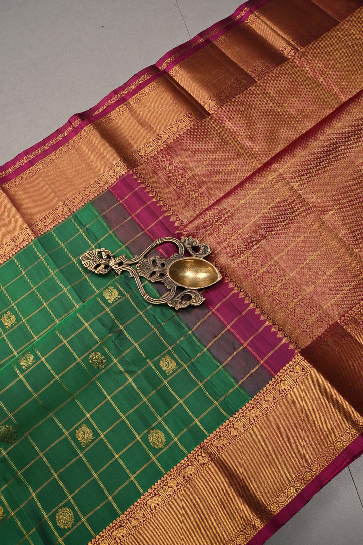 Bottle Green Zari Checks on Pure Kanjivaram Silk Saree with Zari Buttas and Contrast Zari Border | SILK MARK CERTIFIED | SHOBITAM