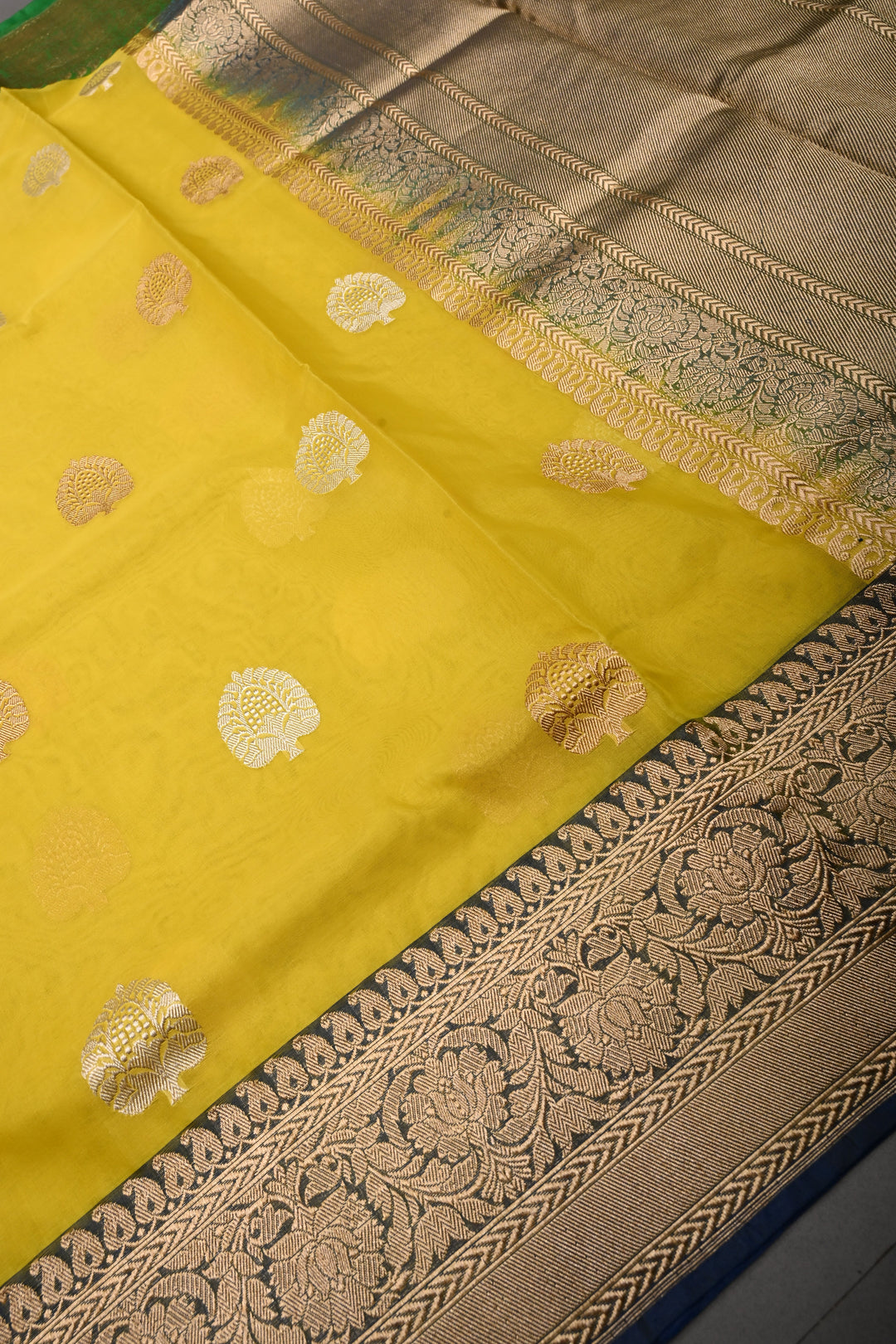 Exquisite Yellow Kora Banarasi Silk Saree with Ganga Jamuna Border and Grand Pallu with Zari | Silk Mark Certified | Shobitam Saree
