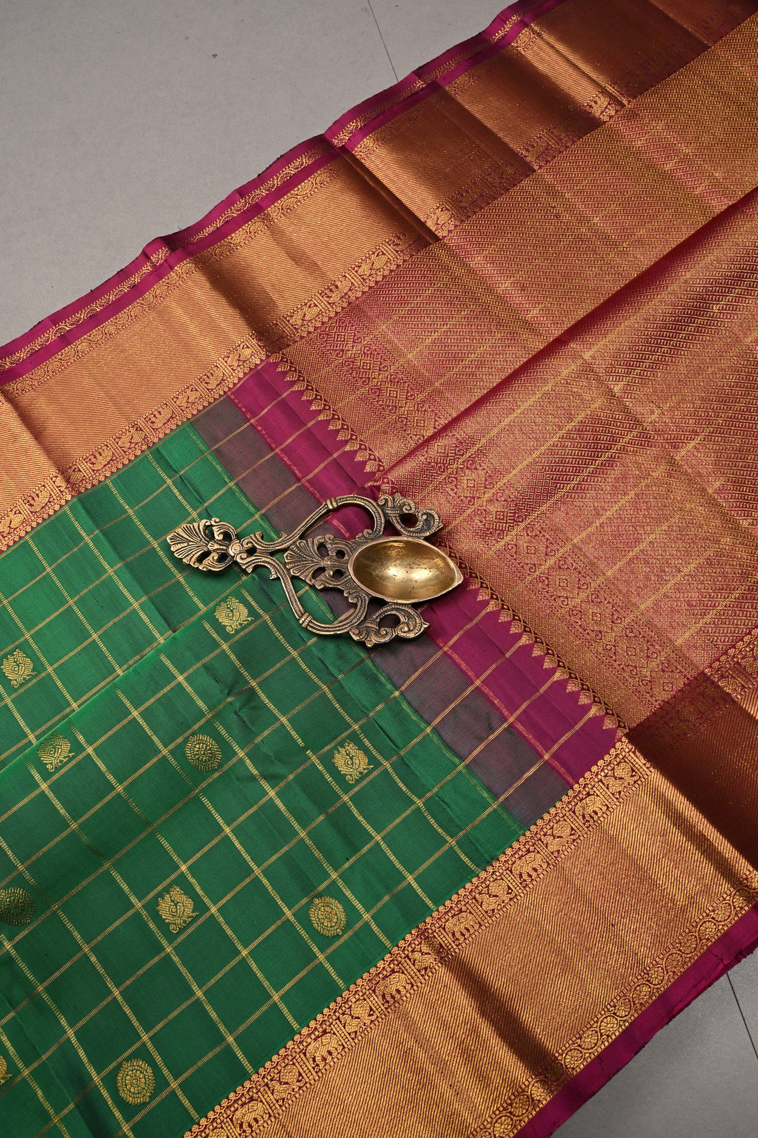 Bottle Green Zari Checks on Pure Kanjivaram Silk Saree with Zari Buttas and Contrast Zari Border | SILK MARK CERTIFIED | SHOBITAM