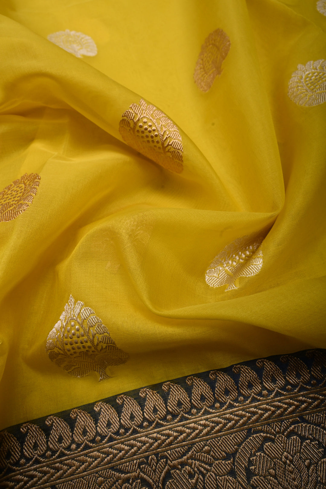 Exquisite Yellow Kora Banarasi Silk Saree with Ganga Jamuna Border and Grand Pallu with Zari | Silk Mark Certified | Shobitam Saree