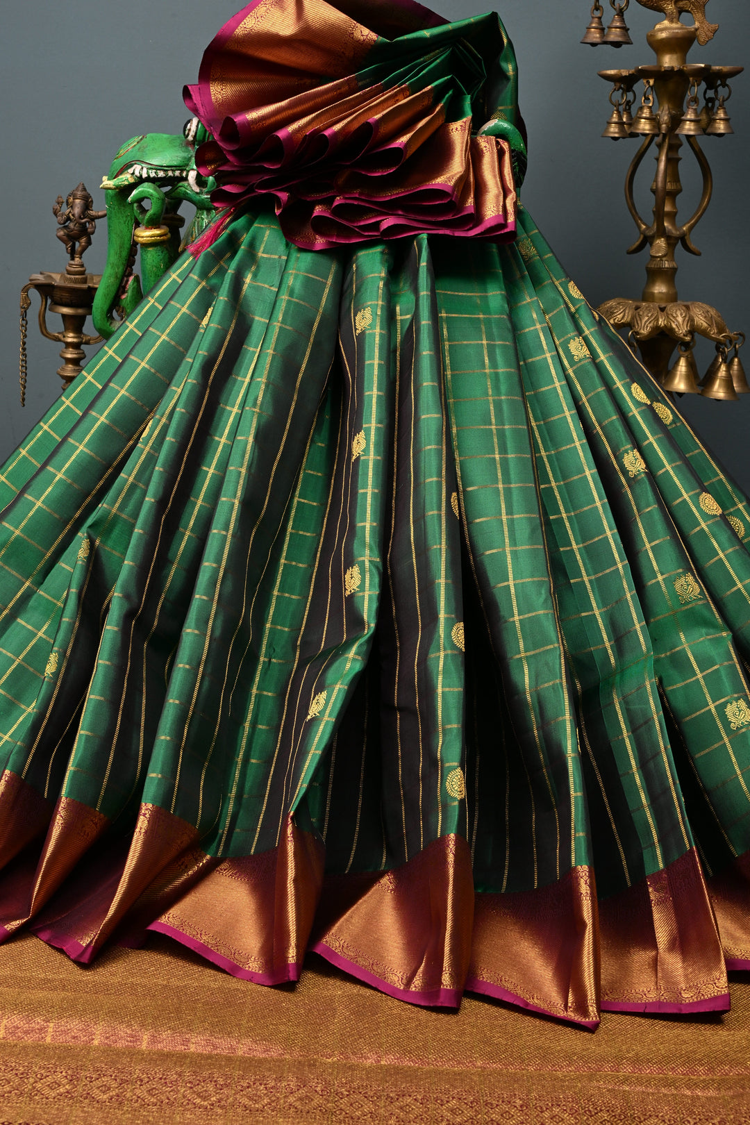 Bottle Green Zari Checks on Pure Kanjivaram Silk Saree with Zari Buttas and Contrast Zari Border | SILK MARK CERTIFIED | SHOBITAM