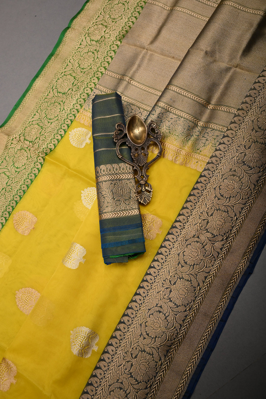 Exquisite Yellow Kora Banarasi Silk Saree with Ganga Jamuna Border and Grand Pallu with Zari | Silk Mark Certified | Shobitam Saree