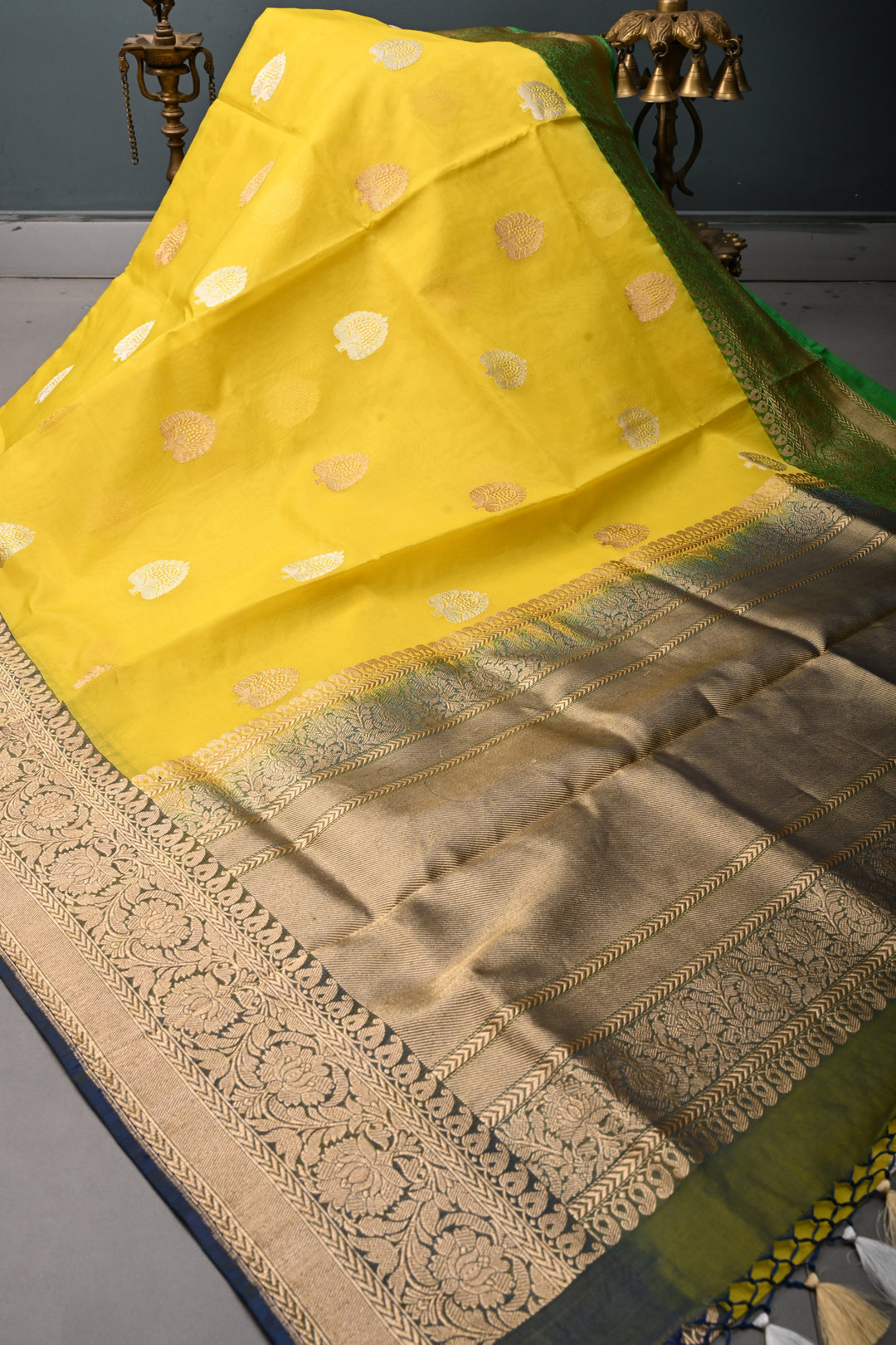 Exquisite Yellow Kora Banarasi Silk Saree with Ganga Jamuna Border and Grand Pallu with Zari | Silk Mark Certified | Shobitam Saree
