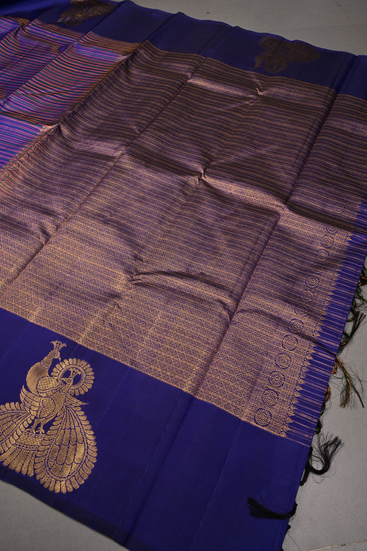 Multicolor Pure Kanjivaram Silk Handloom Saree with Horizontal Stripes and Distinct Twin Peacock Zari Motifs on Blue Border  | SILK MARK CERTIFIED | SHOBITAM