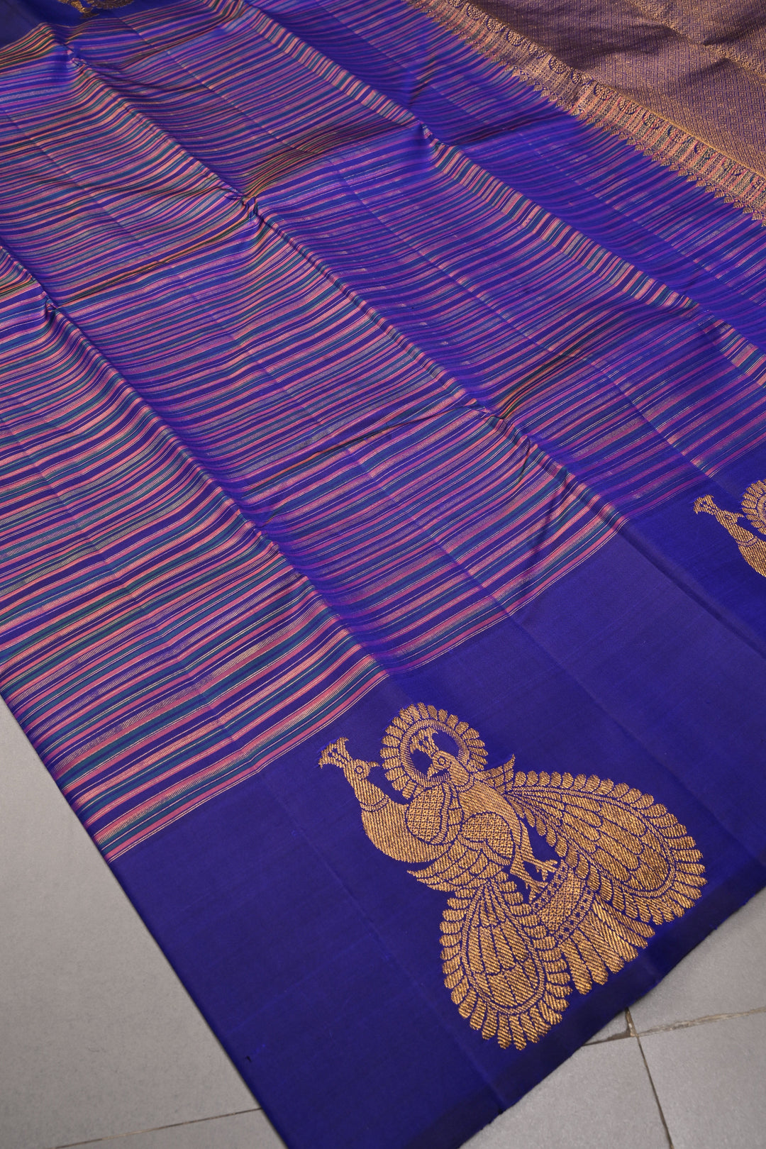 Multicolor Pure Kanjivaram Silk Handloom Saree with Horizontal Stripes and Distinct Twin Peacock Zari Motifs on Blue Border  | SILK MARK CERTIFIED | SHOBITAM