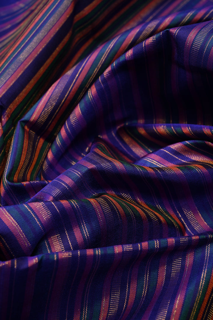 Multicolor Pure Kanjivaram Silk Handloom Saree with Horizontal Stripes and Distinct Twin Peacock Zari Motifs on Blue Border  | SILK MARK CERTIFIED | SHOBITAM