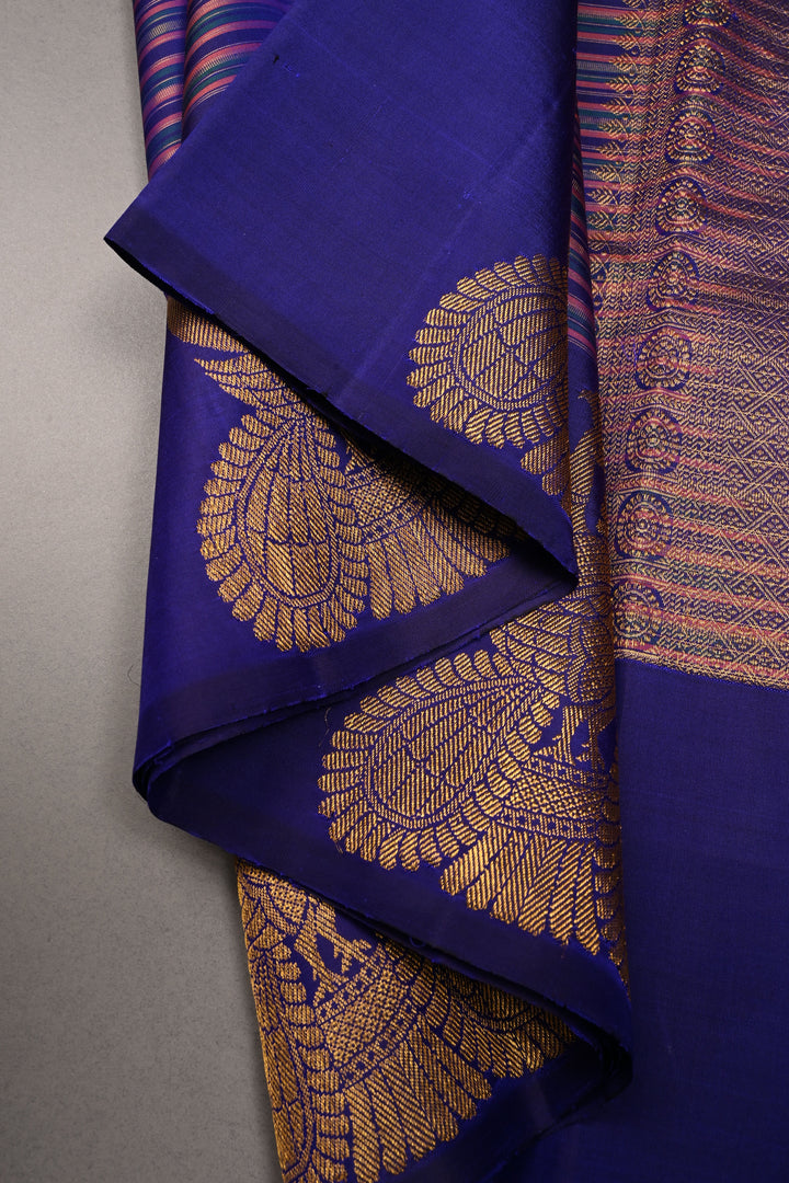 Multicolor Pure Kanjivaram Silk Handloom Saree with Horizontal Stripes and Distinct Twin Peacock Zari Motifs on Blue Border  | SILK MARK CERTIFIED | SHOBITAM