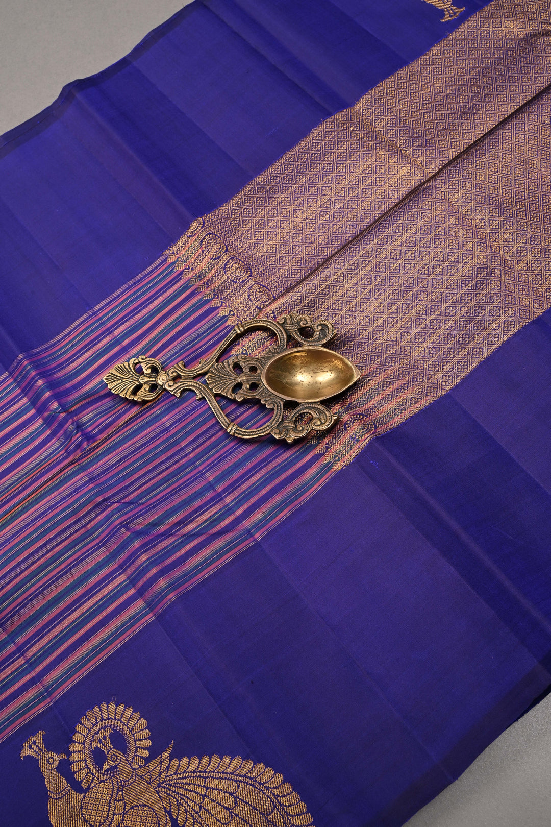 Multicolor Pure Kanjivaram Silk Handloom Saree with Horizontal Stripes and Distinct Twin Peacock Zari Motifs on Blue Border  | SILK MARK CERTIFIED | SHOBITAM