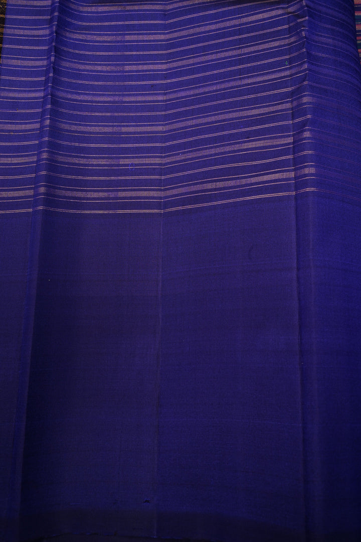 Multicolor Pure Kanjivaram Silk Handloom Saree with Horizontal Stripes and Distinct Twin Peacock Zari Motifs on Blue Border  | SILK MARK CERTIFIED | SHOBITAM