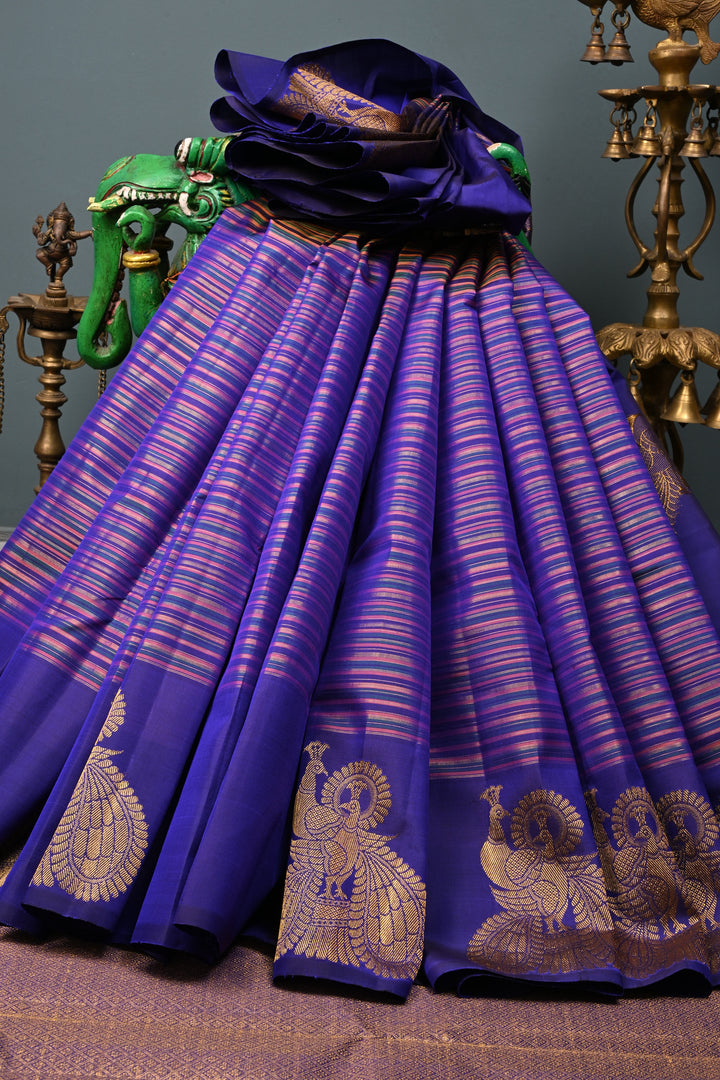 Multicolor Pure Kanjivaram Silk Handloom Saree with Horizontal Stripes and Distinct Twin Peacock Zari Motifs on Blue Border  | SILK MARK CERTIFIED | SHOBITAM