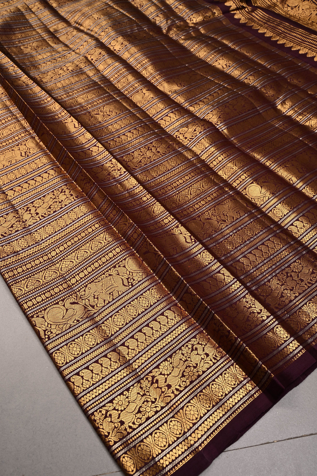 Kanchana Pure Gadwal Silk Saree with Ornate and Vanasingaram Gold-Silver Zari Stipes Brocade  | SILK MARK CERTIFIED