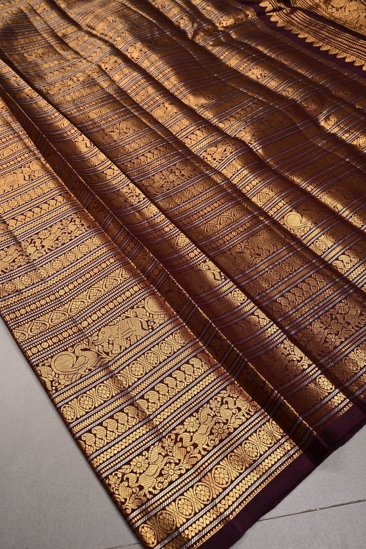 Kanchana Pure Gadwal Silk Saree with Ornate and Vanasingaram Gold-Silver Zari Stipes Brocade  | SILK MARK CERTIFIED