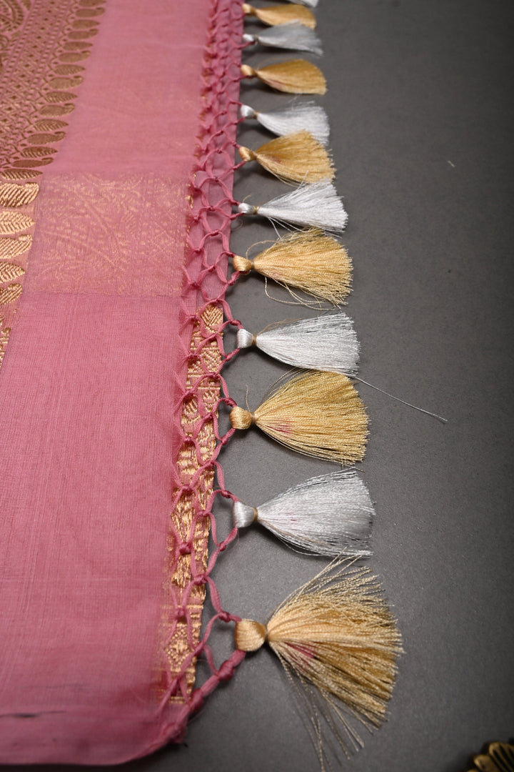 Rose Pink Banarasi Kora Silk Saree with Sona-Rupa Paisley Zari Buttas and Zari Border | SILK MARK CERTIFIED | SHOBITAM