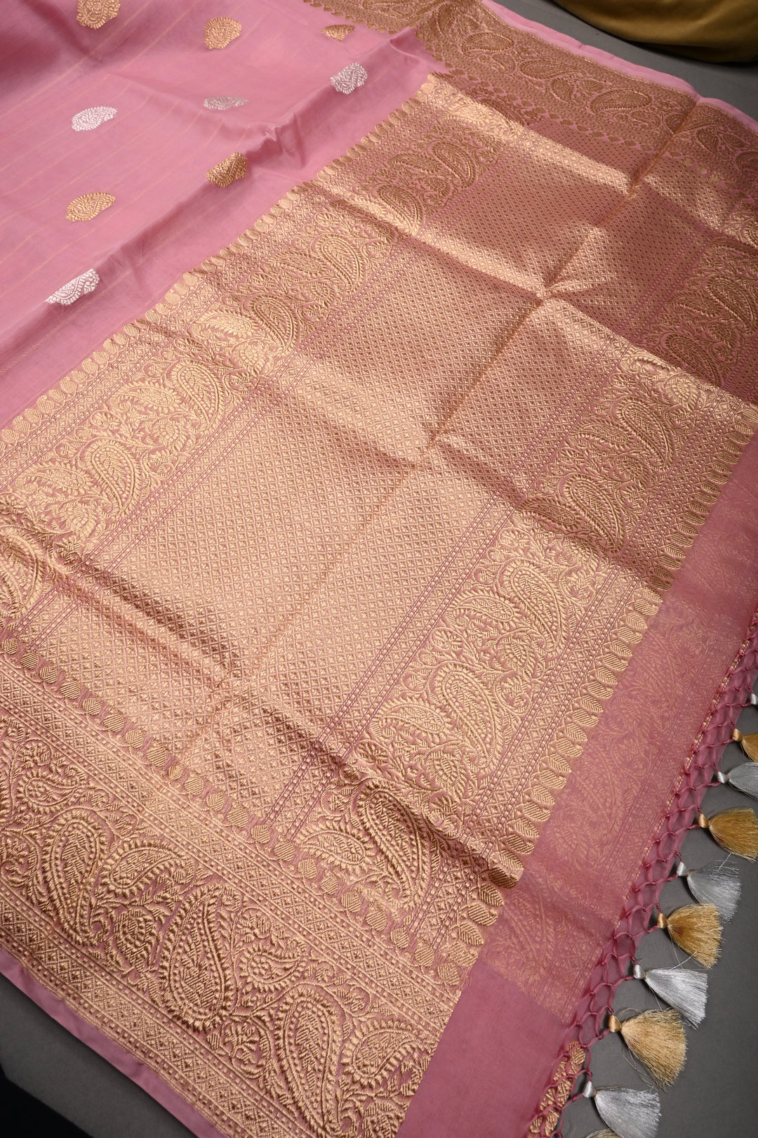 Rose Pink Banarasi Kora Silk Saree with Sona-Rupa Paisley Zari Buttas and Zari Border | SILK MARK CERTIFIED | SHOBITAM