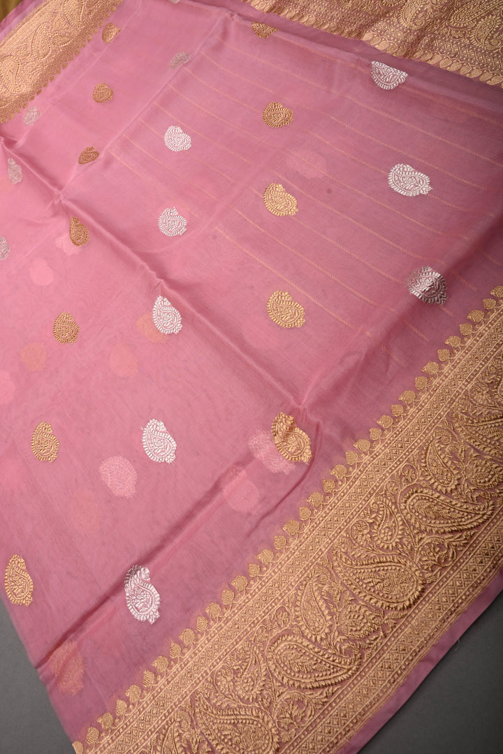 Rose Pink Banarasi Kora Silk Saree with Sona-Rupa Paisley Zari Buttas and Zari Border | SILK MARK CERTIFIED | SHOBITAM