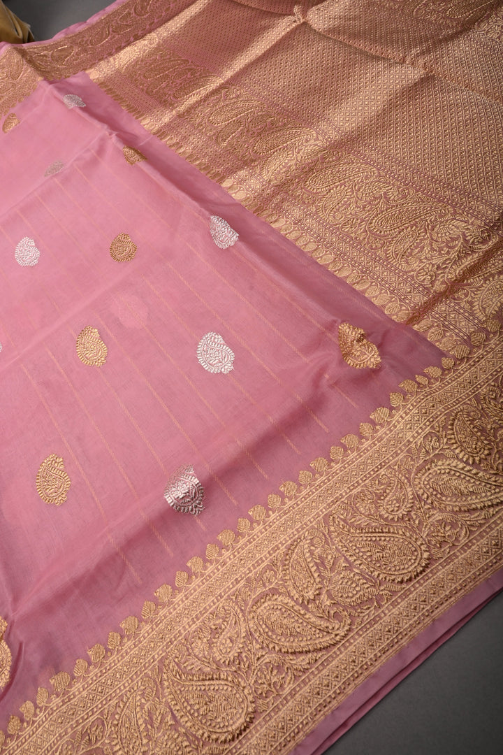 Rose Pink Banarasi Kora Silk Saree with Sona-Rupa Paisley Zari Buttas and Zari Border | SILK MARK CERTIFIED | SHOBITAM