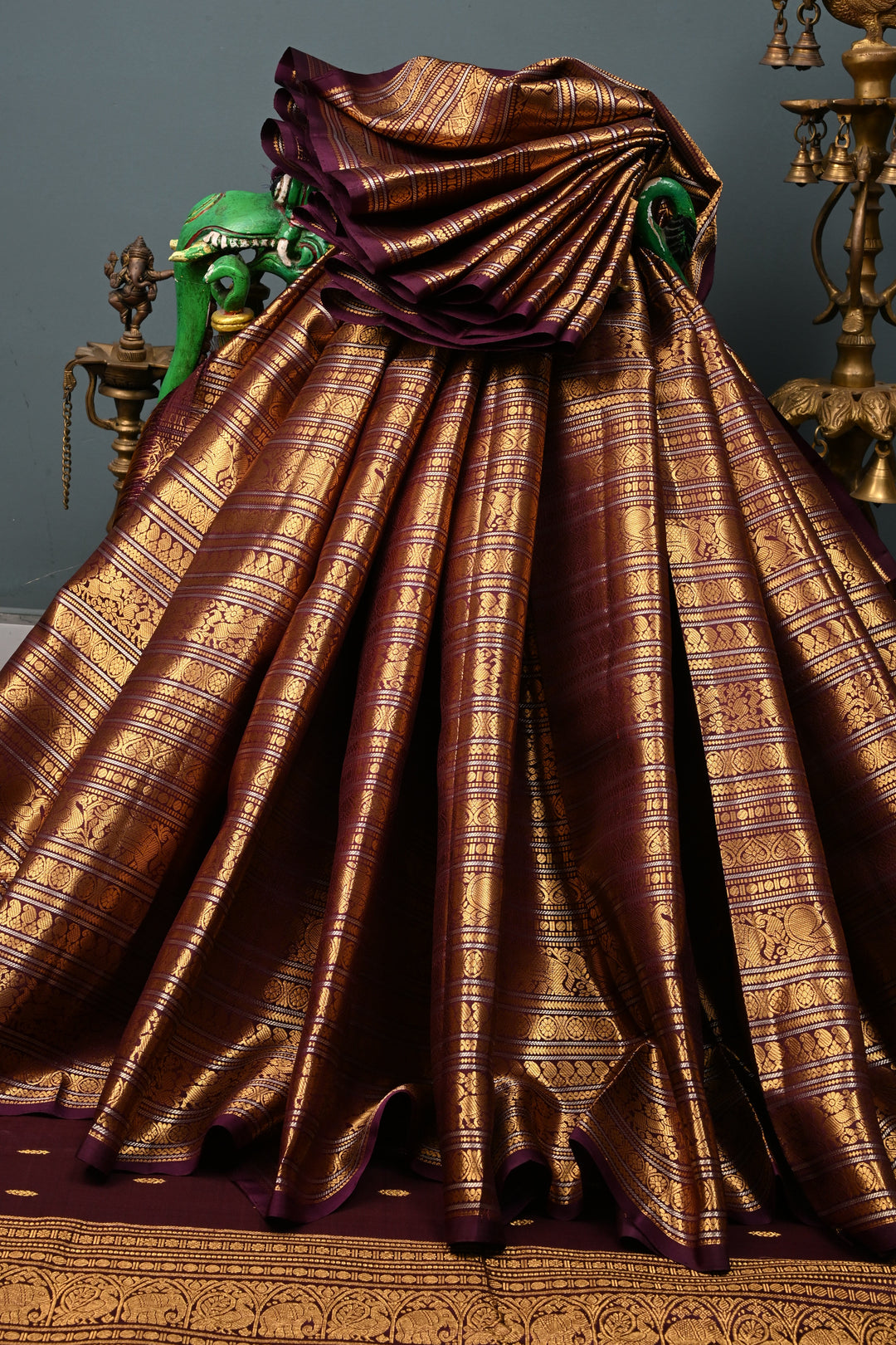 Kanchana Pure Gadwal Silk Saree with Ornate and Vanasingaram Gold-Silver Zari Stipes Brocade  | SILK MARK CERTIFIED